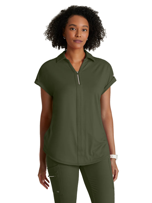 Women's Two-Pocket Zip-Neck Engage Scrub Top - BOT210 - Olive