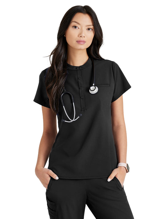 Women's One-Pocket Henley Style Mission Scrub Top - BUT163 - Black