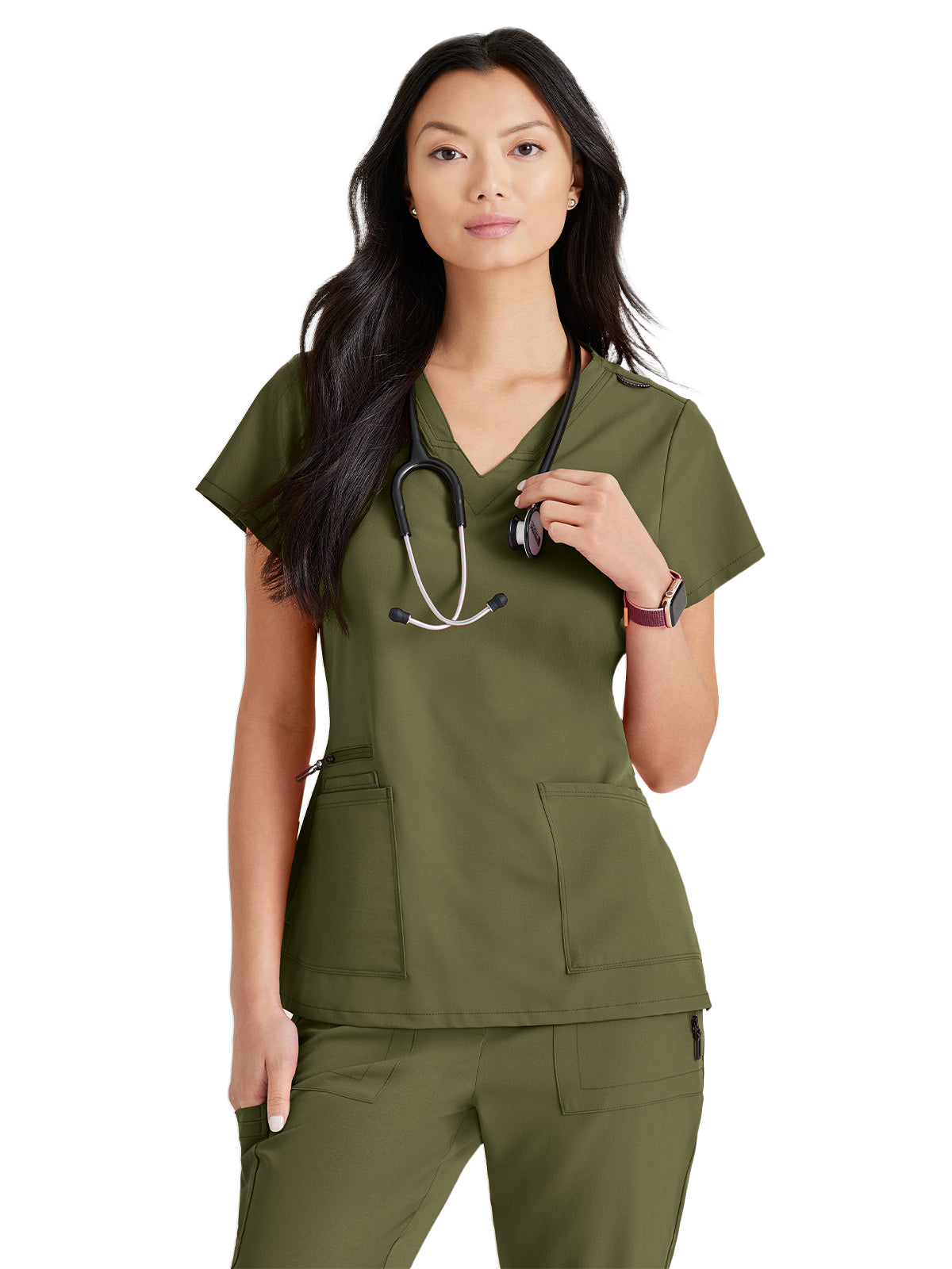 Women's Four-Pocket V-Neck Purpose Scrub Top - BUT167 - Olive