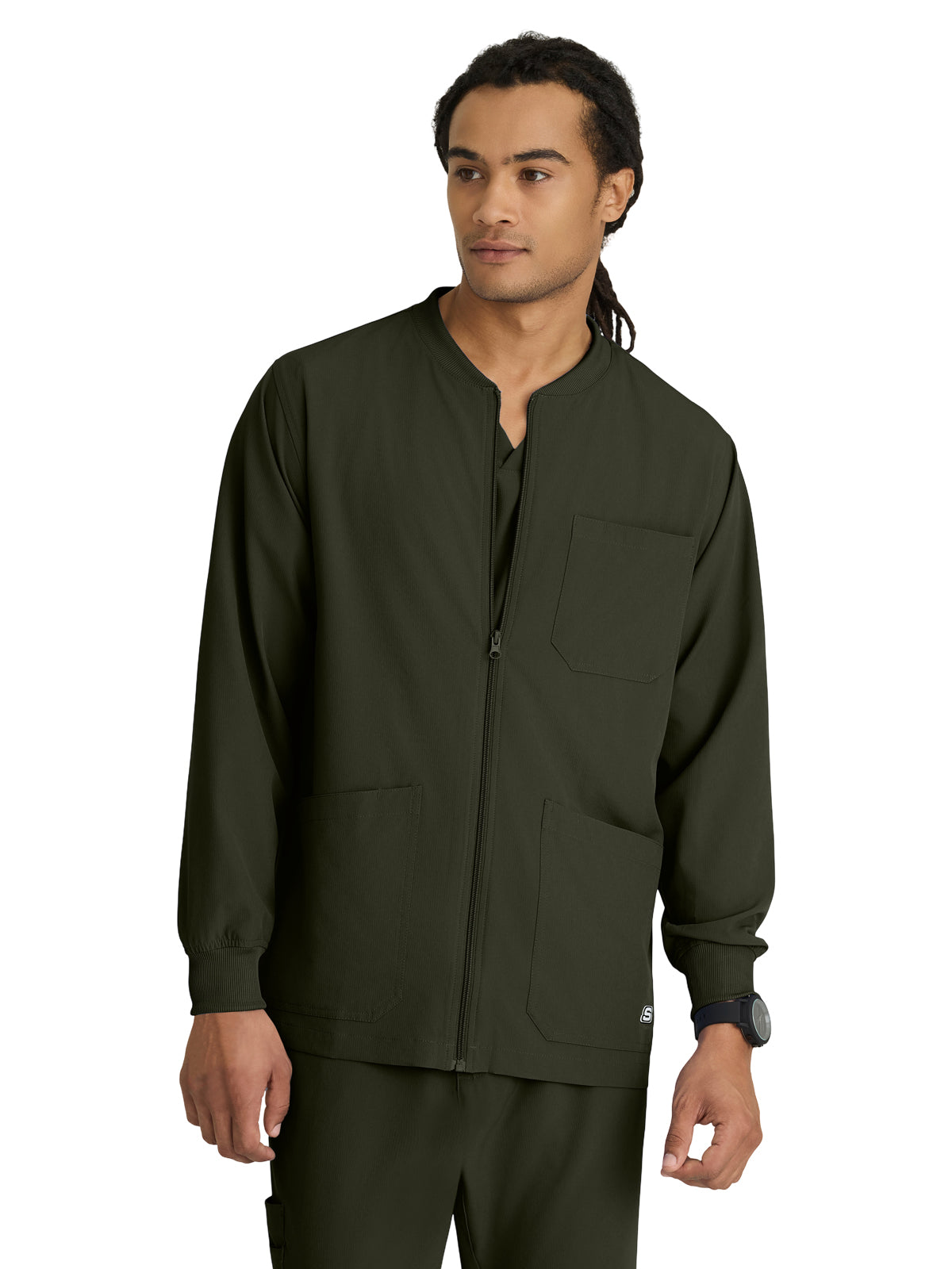Men's Three-Pocket Zip-Up Structure Warm-Up Scrub Jacket - SK0408 - Olive