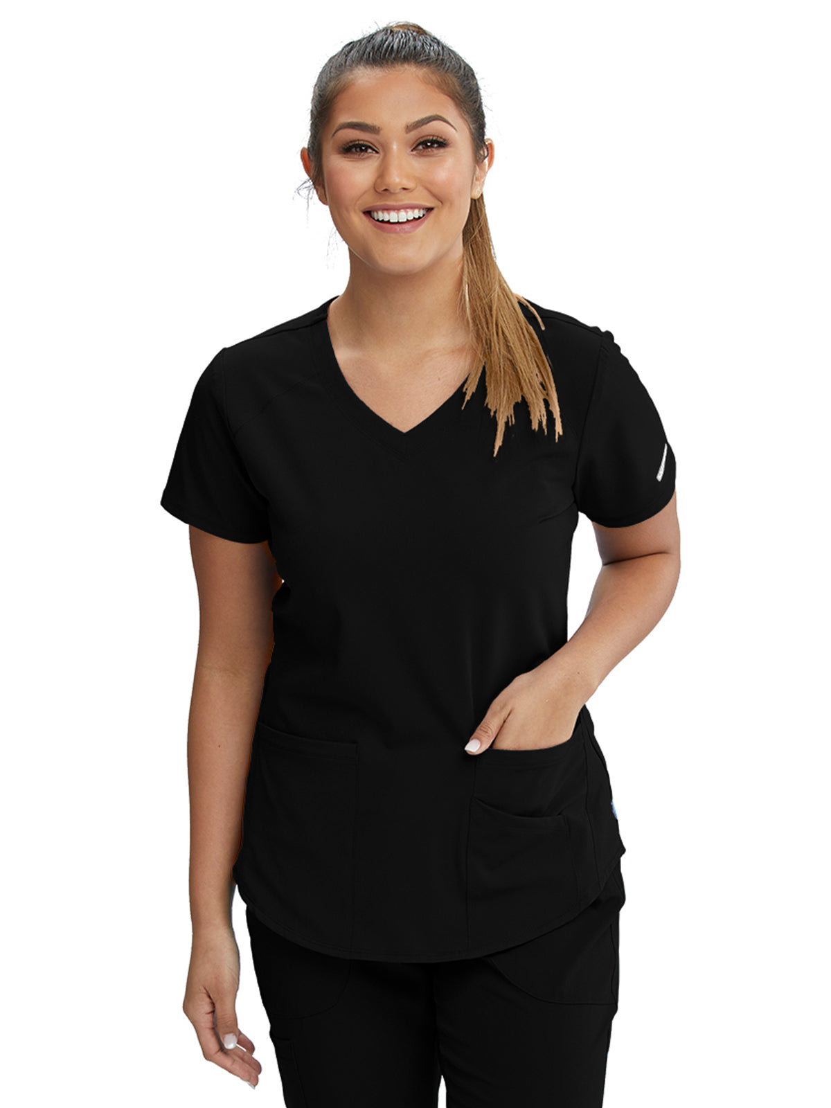 Women's Three-Pocket Curved V-Neck Breeze Scrub Top - SK101 - Black