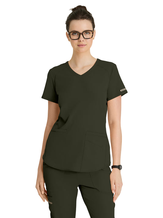 Women's Three-Pocket Curved V-Neck Breeze Scrub Top - SK101 - Olive