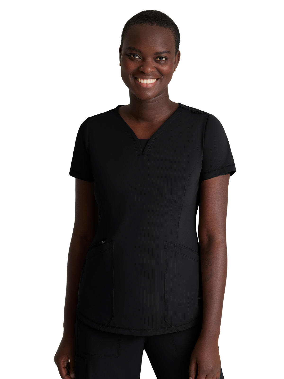 Women's Three-Pocket V-Neck Serene Scrub Top - SKT220 - Black