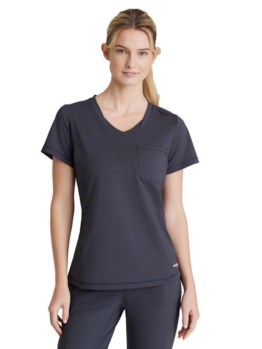 Women's One-Pocket Curved Neck Flow Scrub Top - SKT221 - Pewter