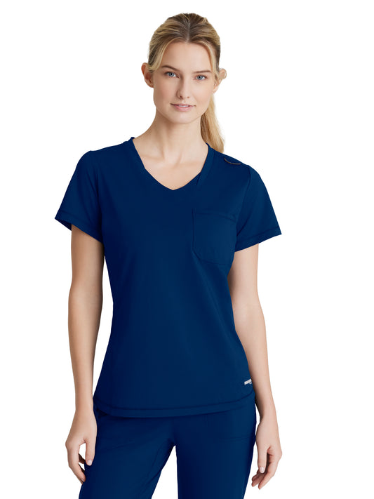 Women's One-Pocket Curved Neck Flow Scrub Top - SKT221 - Navy
