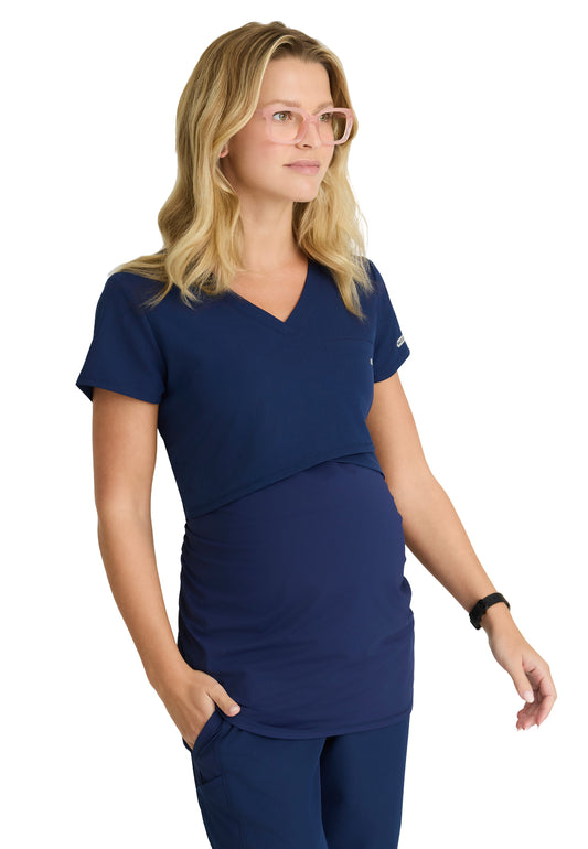 Women's One-Pocket Banded V-Neck Bloom Maternity Scrub Top - SKT269 - Navy