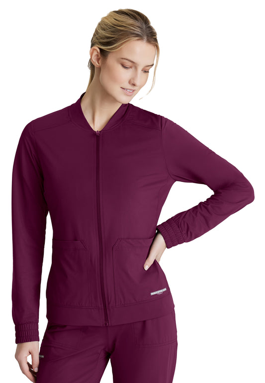 Women's Three-Pocket Zip-Up Contour Warm-Up Scrub Jacket - SKW919 - Wine