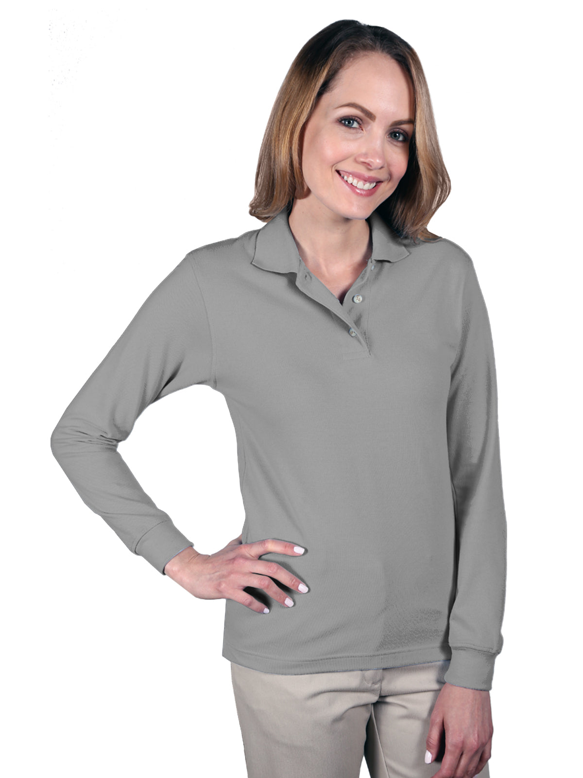 Women's Pocketless Superblend Long Sleeve Polo - BG6207 - Grey