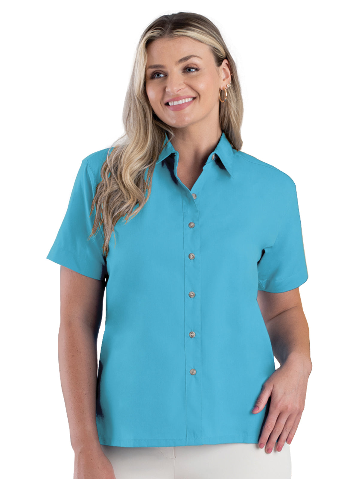 Women's Pocketless Short Sleeve Superblend Poplin Shirt - BG6216S - Aqua