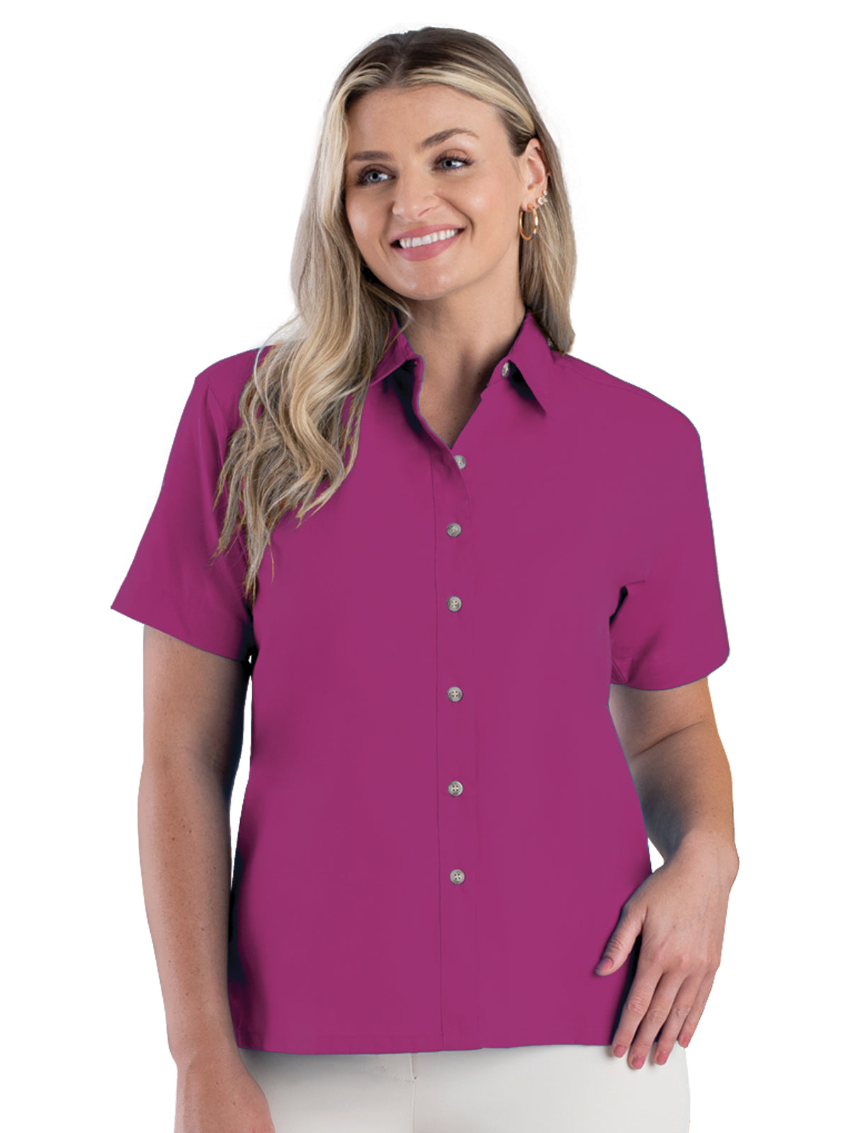 Women's Pocketless Short Sleeve Superblend Poplin Shirt - BG6216S - Berry