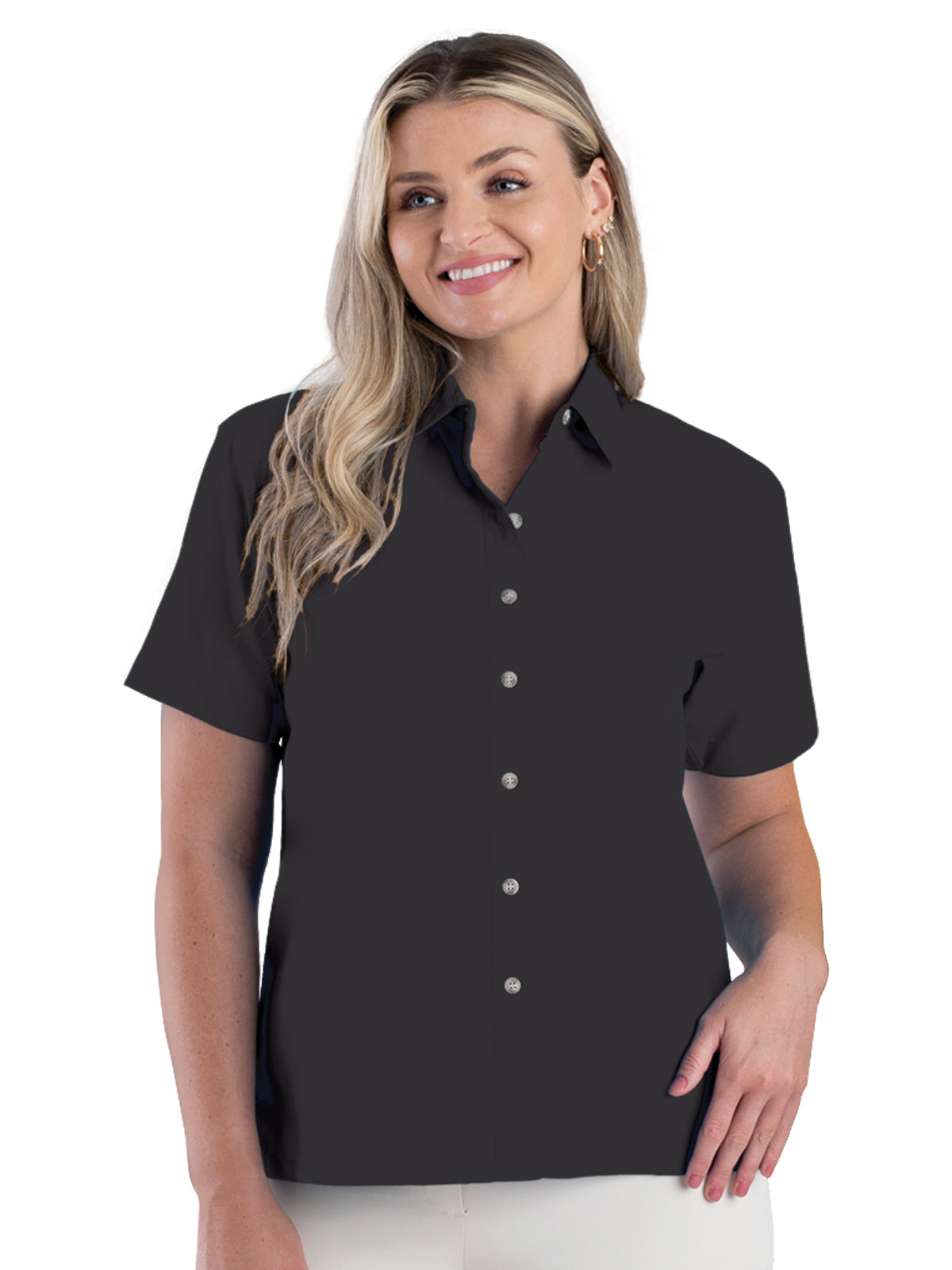 Women's Pocketless Short Sleeve Superblend Poplin Shirt - BG6216S - Black