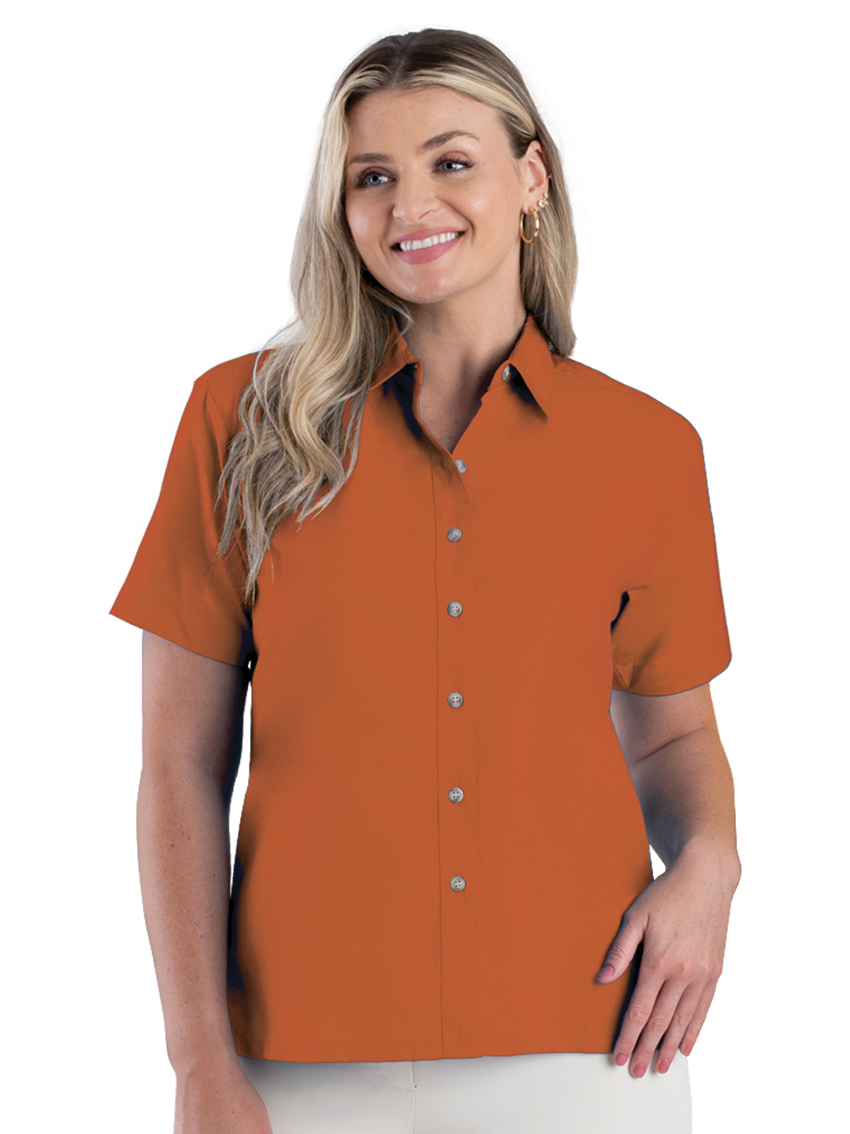 Women's Pocketless Short Sleeve Superblend Poplin Shirt - BG6216S - Burnt Orange