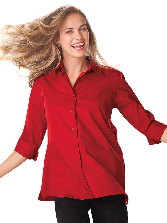 Women's Pocketless 3/4-Sleeve Poplin Swing Shirt - BG6261 - Red