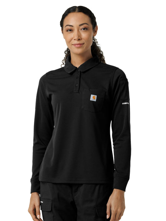 Women's Three-Pocket Heavyweight Long Sleeve Polo Scrub Top - C12129 - Black