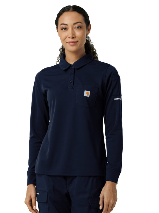 Women's Three-Pocket Heavyweight Long Sleeve Polo Scrub Top - C12129 - Dark Navy