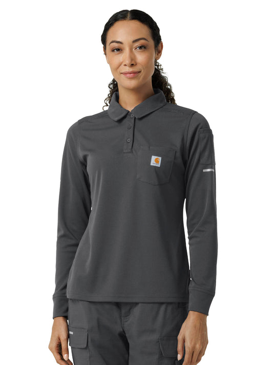Women's Three-Pocket Heavyweight Long Sleeve Polo Scrub Top - C12129 - Pewter