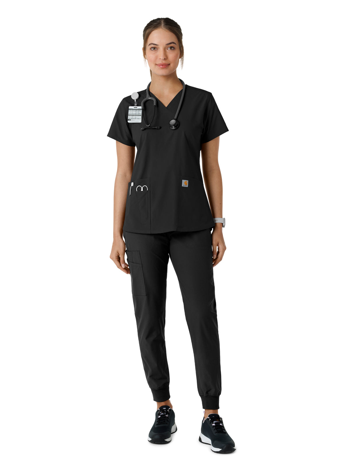 Women's Four-Pocket V-Neck Knit Panel Scrub Top