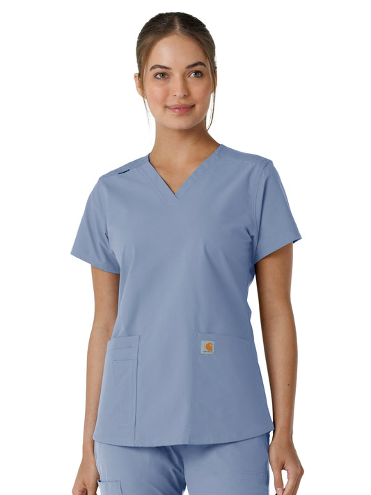 Women's Four-Pocket V-Neck Knit Panel Scrub Top