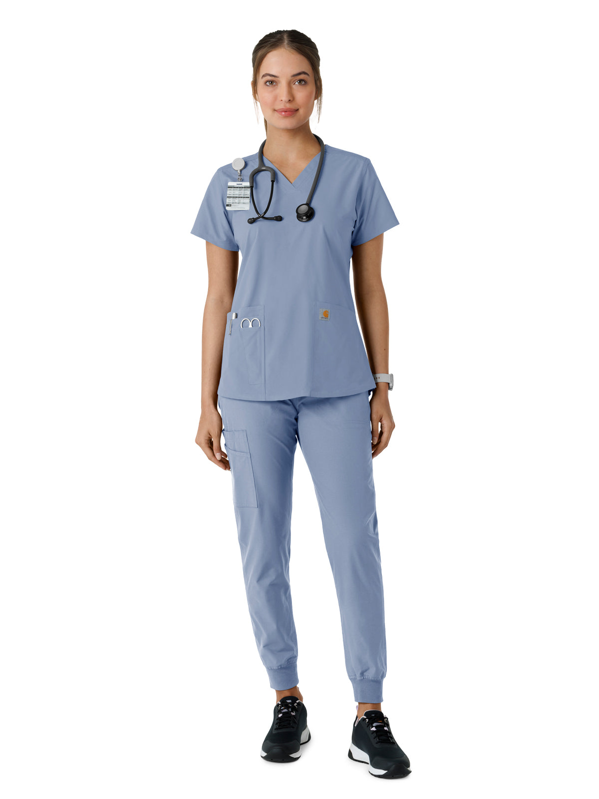 Women's Four-Pocket V-Neck Knit Panel Scrub Top