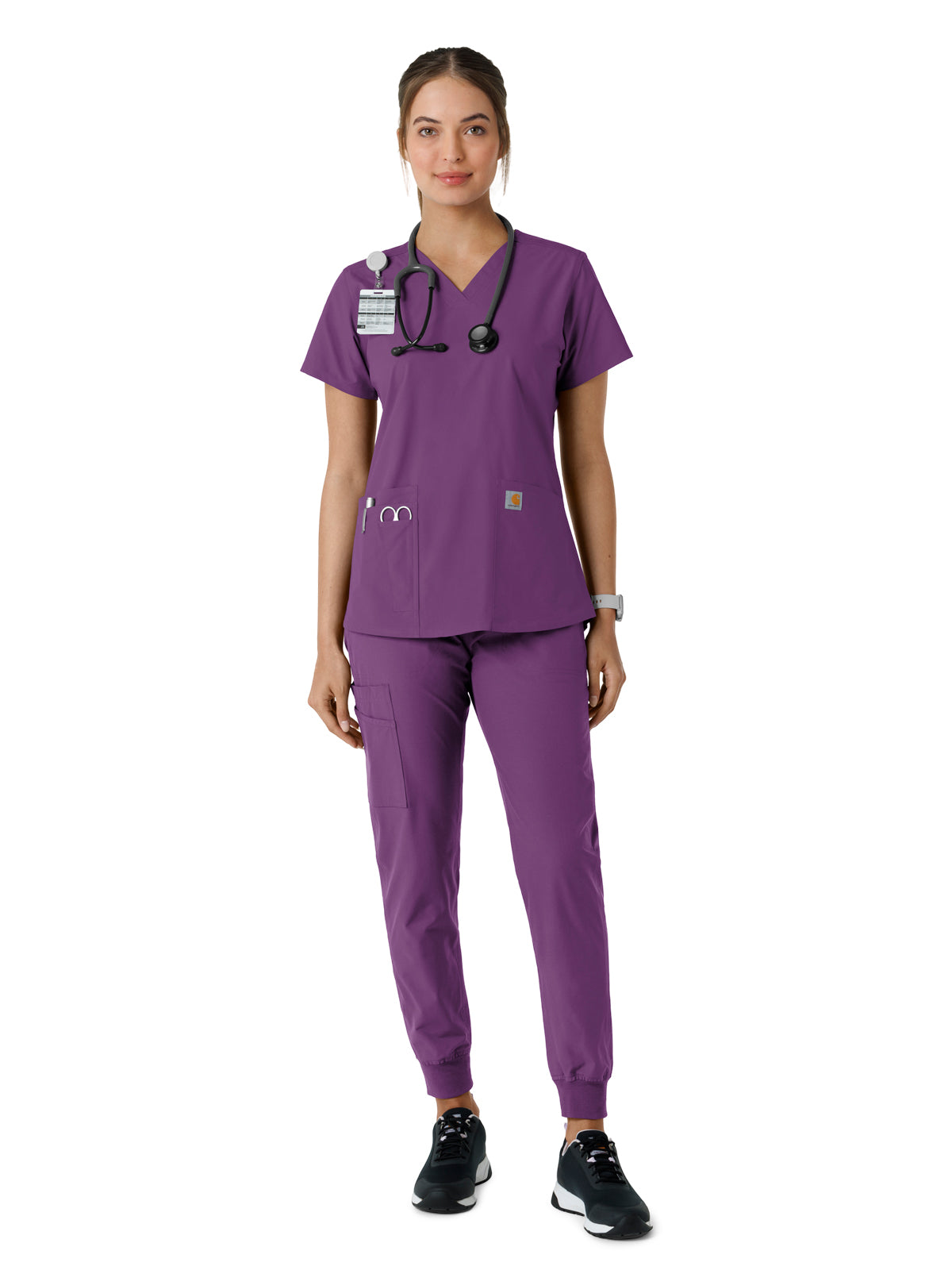 Women's Four-Pocket V-Neck Knit Panel Scrub Top