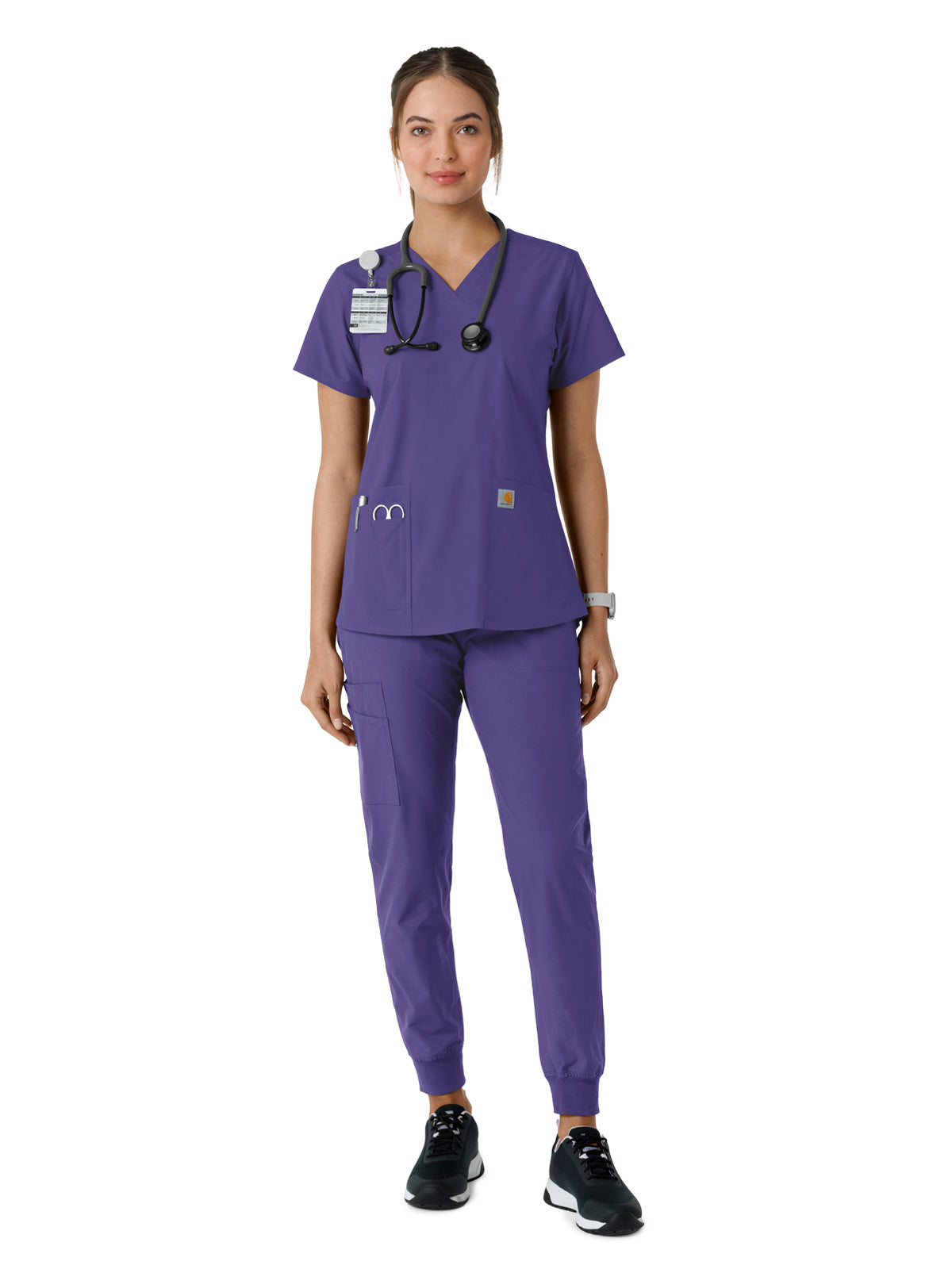 Women's Four-Pocket V-Neck Knit Panel Scrub Top