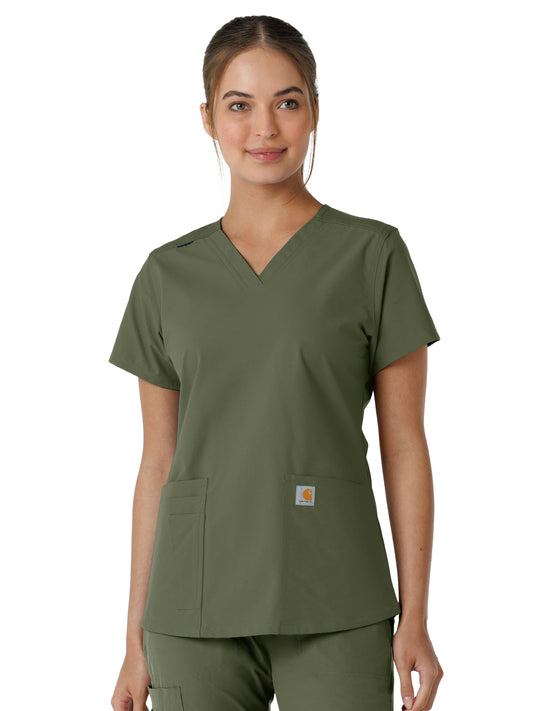 Women's Four-Pocket V-Neck Knit Panel Scrub Top