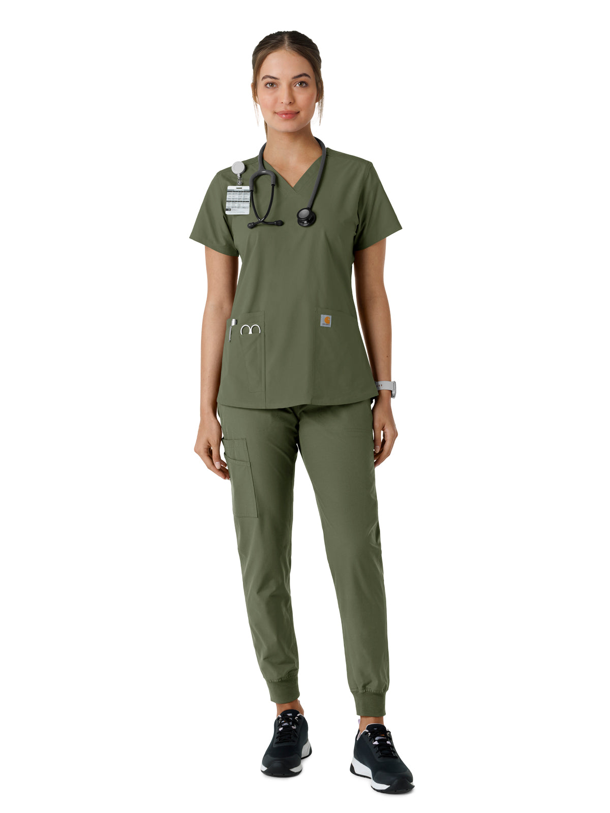 Women's Four-Pocket V-Neck Knit Panel Scrub Top