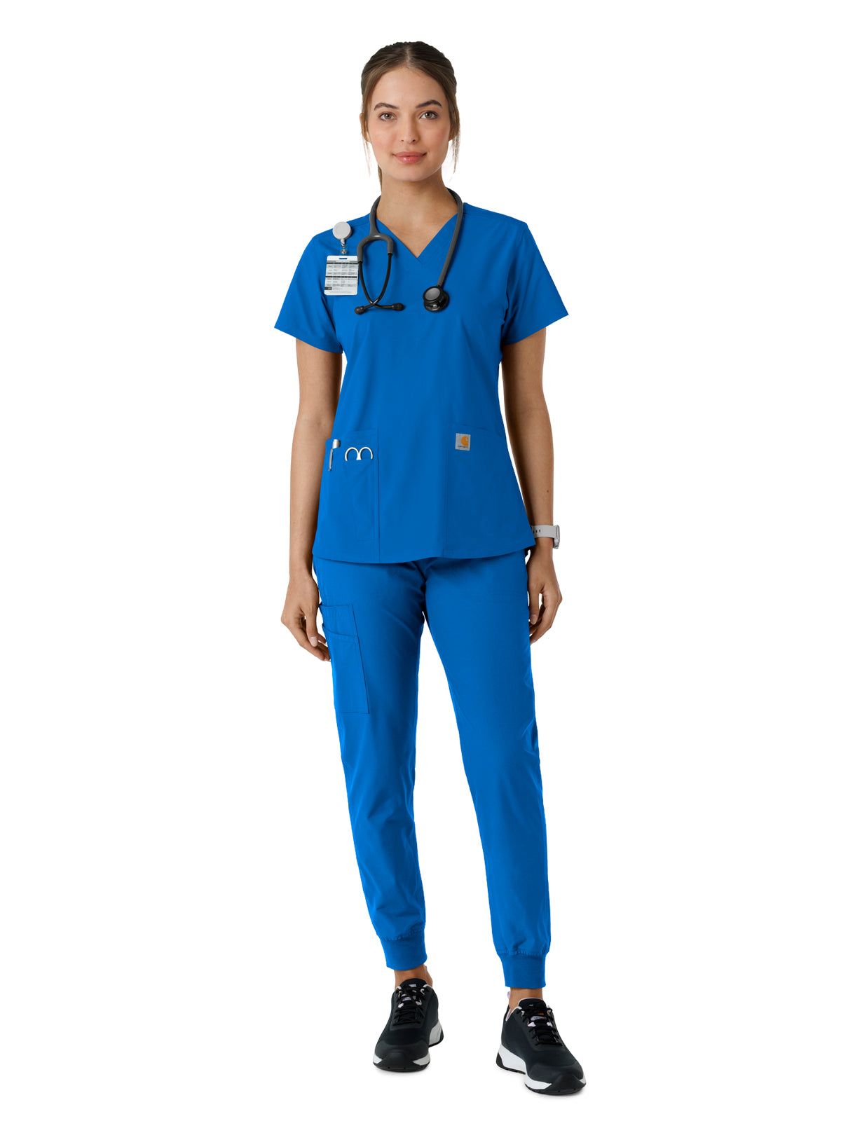 Women's Four-Pocket V-Neck Knit Panel Scrub Top