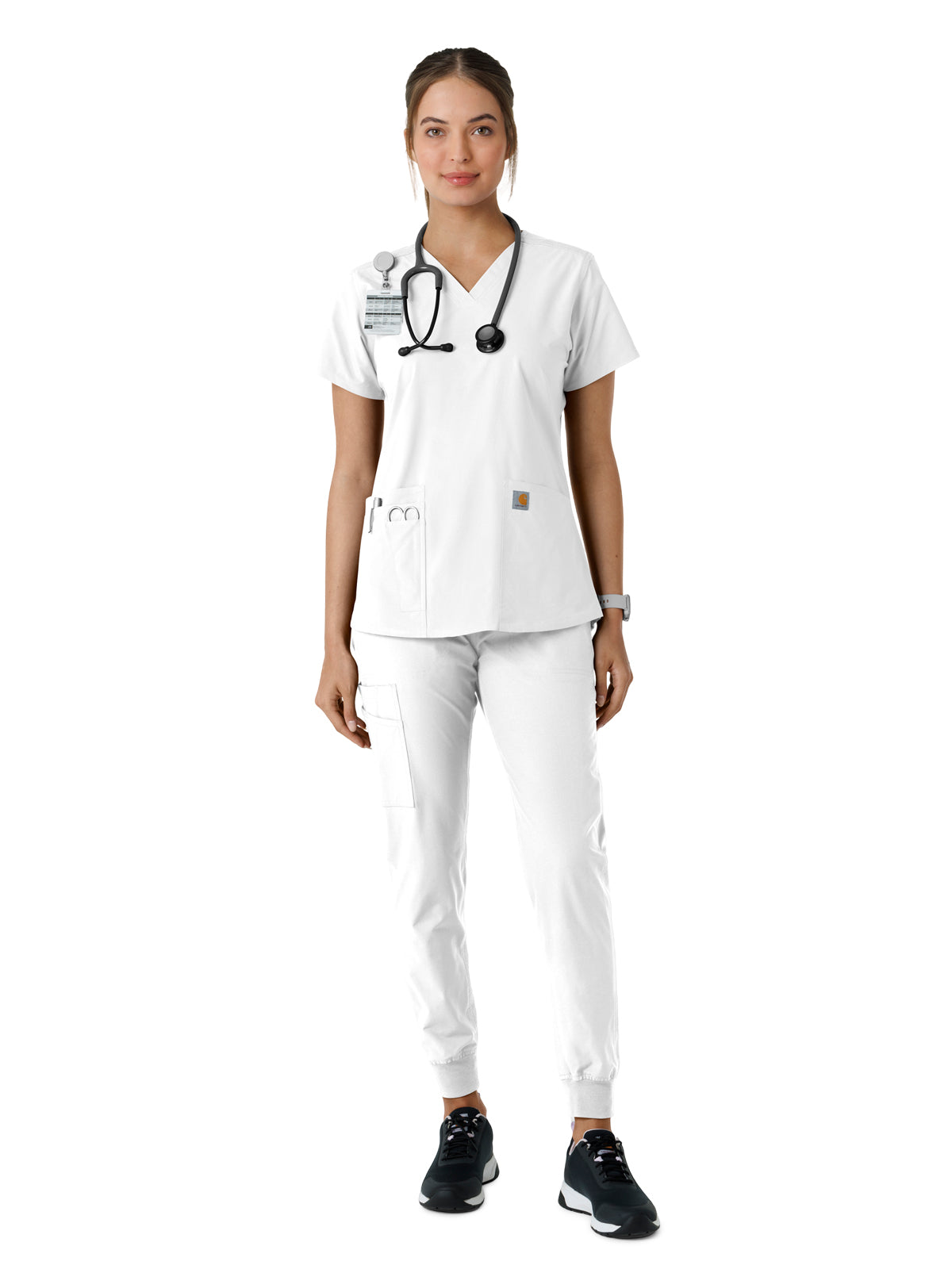 Women's Four-Pocket V-Neck Knit Panel Scrub Top