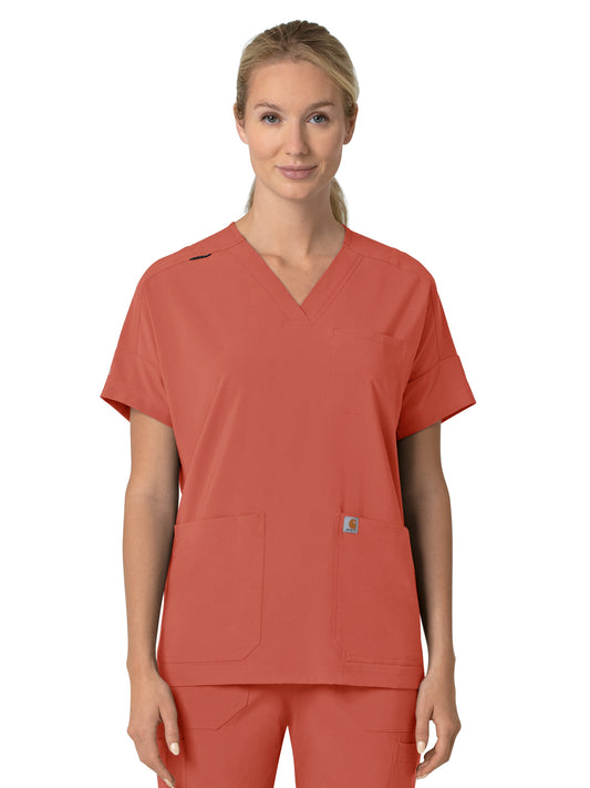 Women's Four-Pocket Oversized V-Neck Top - C13110 - Dusty Cedar