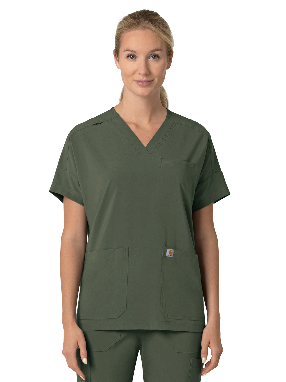 Women's Four-Pocket Oversized V-Neck Top - C13110 - Olive