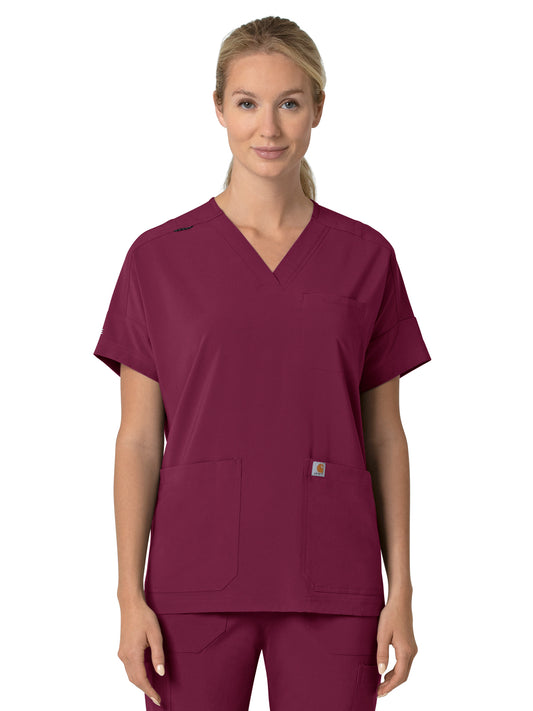 Women's Four-Pocket Oversized V-Neck Top - C13110 - Wine