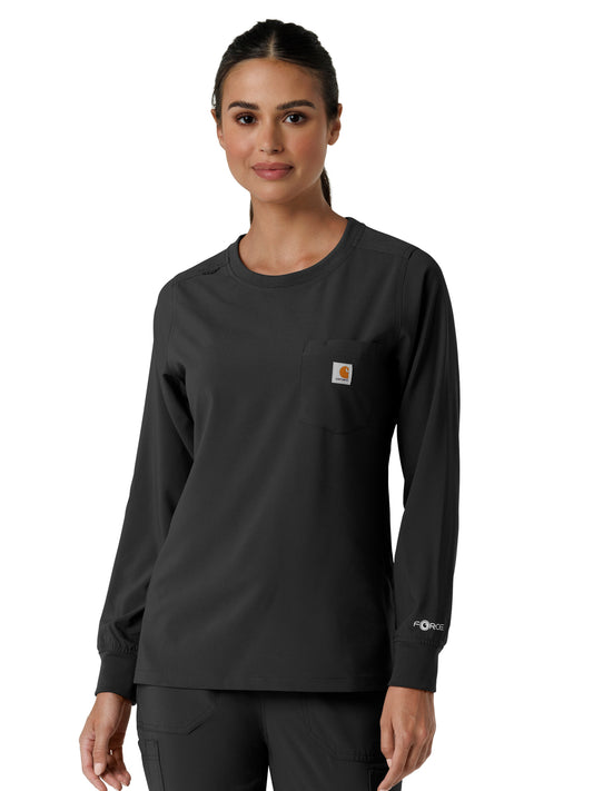 Women's One-Pocket Crew Neck Long Sleeve Scrub Top - C13610 - Black