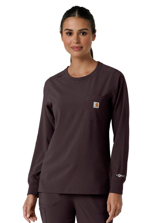 Women's One-Pocket Crew Neck Long Sleeve Scrub Top - C13610 - Dark Sepia