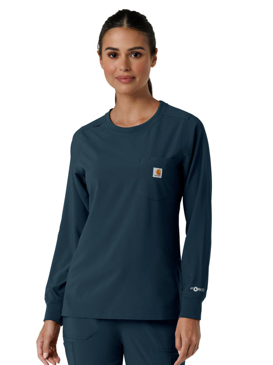 Women's One-Pocket Crew Neck Long Sleeve Scrub Top - C13610 - Navy
