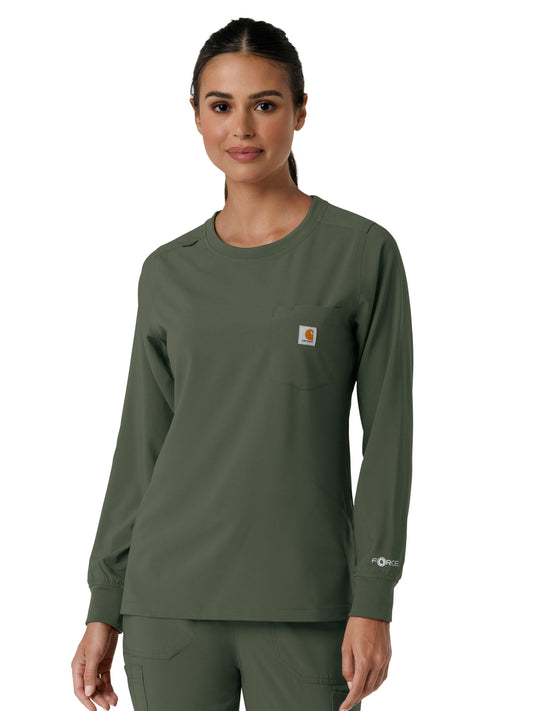 Women's One-Pocket Crew Neck Long Sleeve Scrub Top - C13610 - Olive