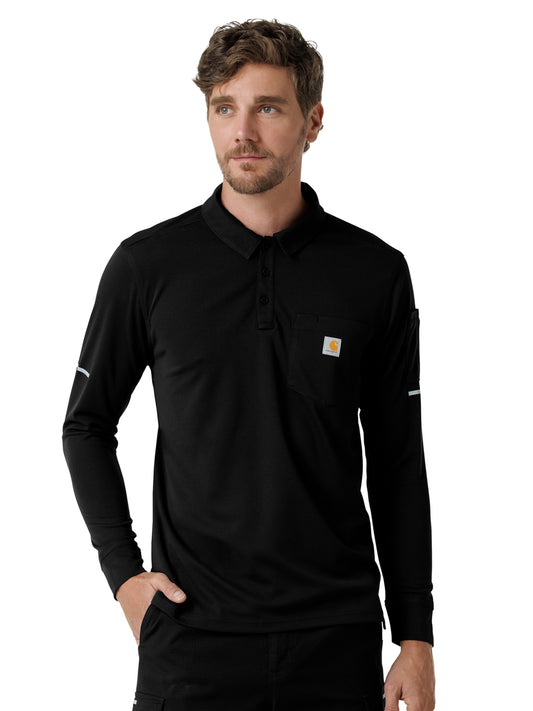 Men's Three-Pocket  Heavyweight Long Sleeve Polo Scrub Top - C16129 - Black