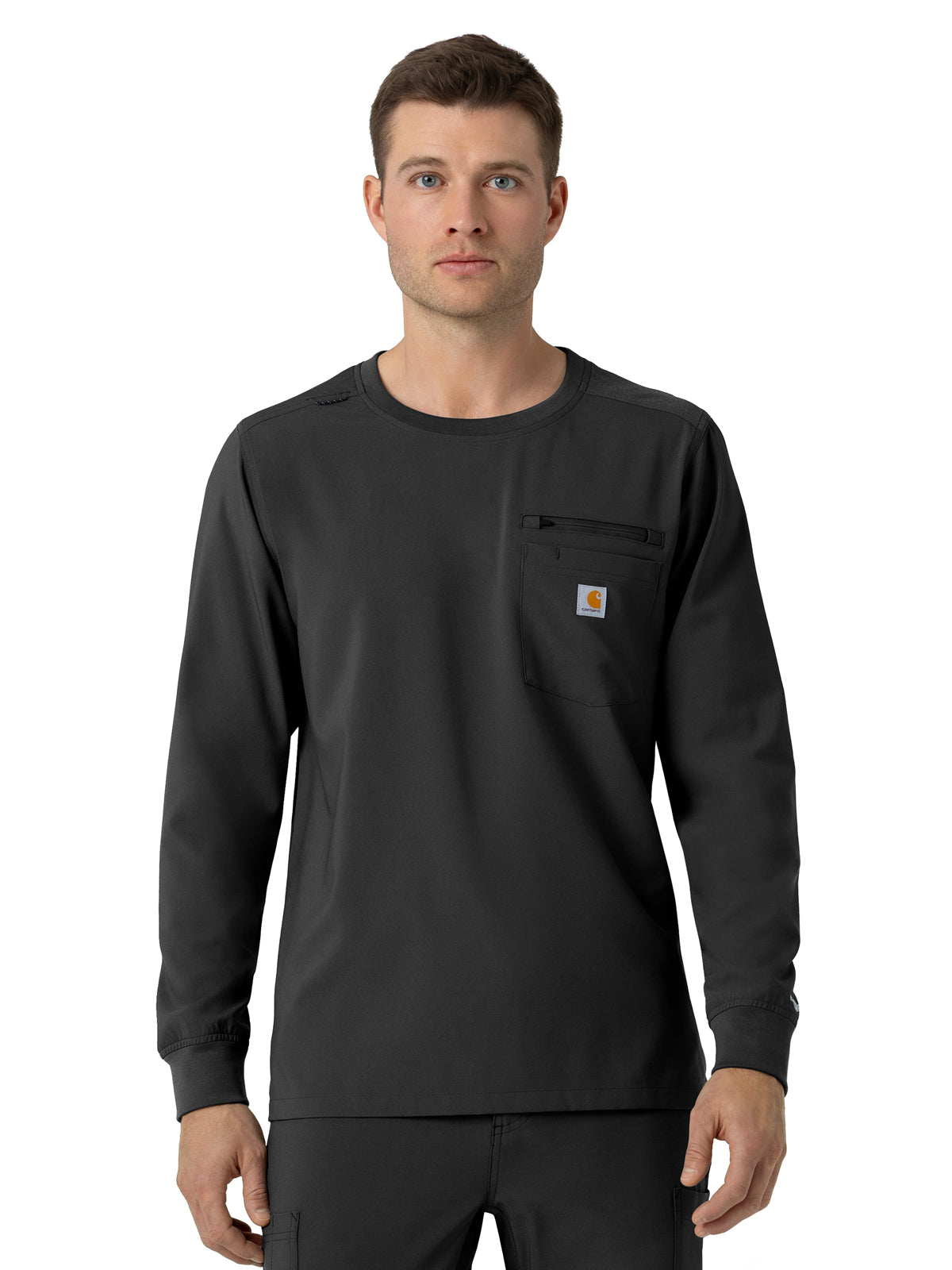 Men's Two-Pocket Crew Neck Long Sleeve Scrub Top - C16610 - Black