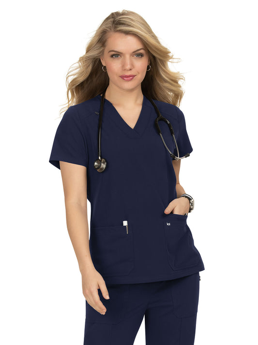 Women's Three-Pocket Wide V-Neck Stretch Hustle and Heart Top - 1019 - Navy