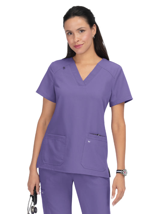 Women's Three-Pocket Wide V-Neck Stretch Hustle and Heart Top - 1019 - Wisteria