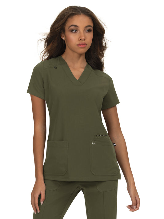 Women's 3-Pocket Wide V-Neck Stretch Hustle and Heart Top