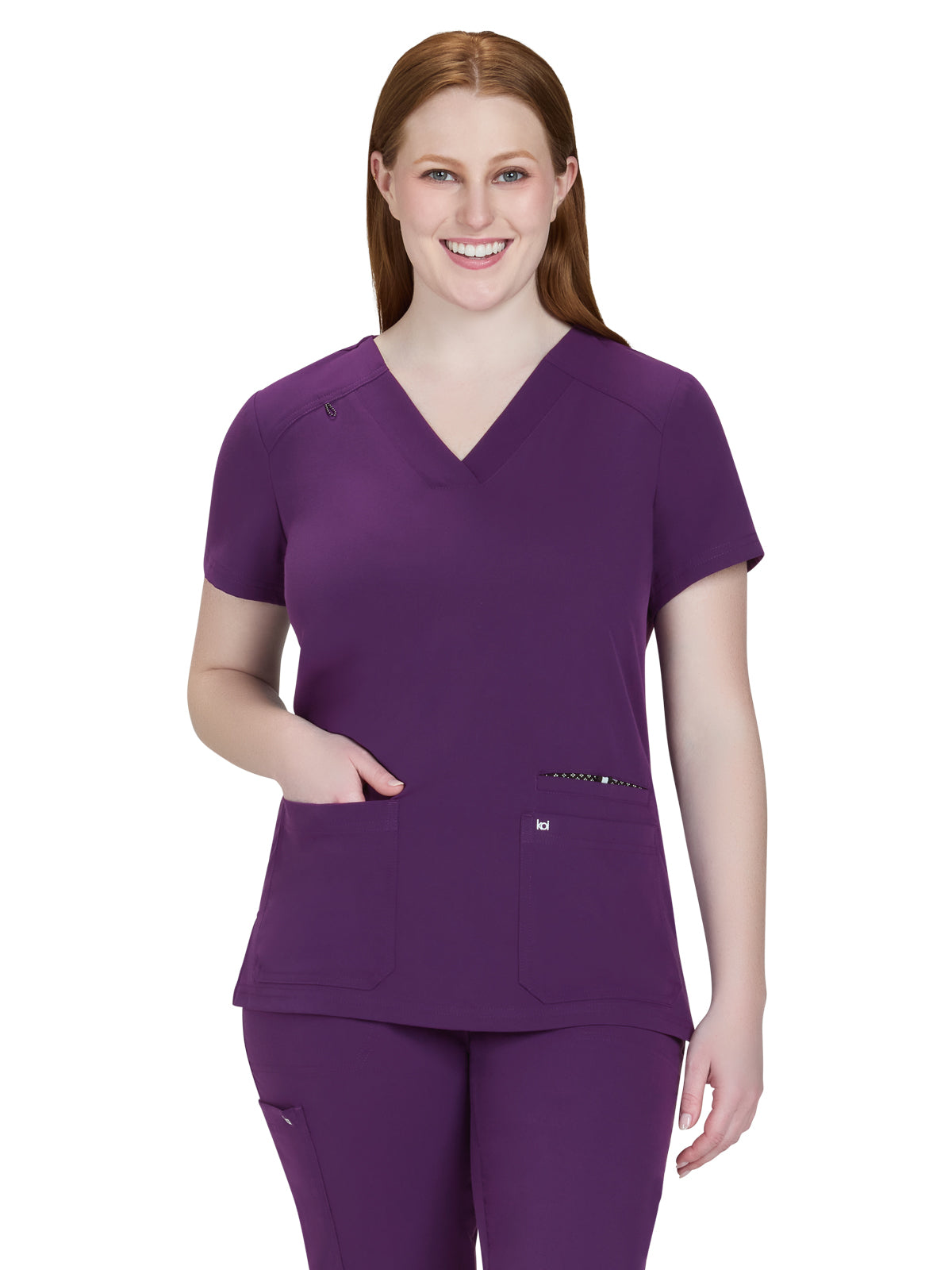 Women's Three-Pocket Wide V-Neck Stretch Hustle and Heart Top - 1019 - Eggplant