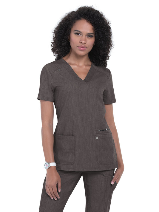 Women's Three-Pocket Wide V-Neck Stretch Hustle and Heart Top - 1019 - Heather Grey