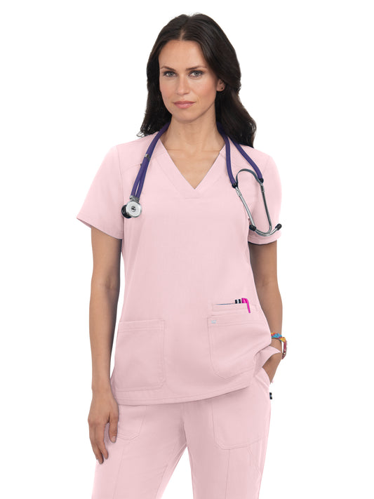 Women's Three-Pocket Wide V-Neck Stretch Hustle and Heart Top - 1019 - Pink Dream