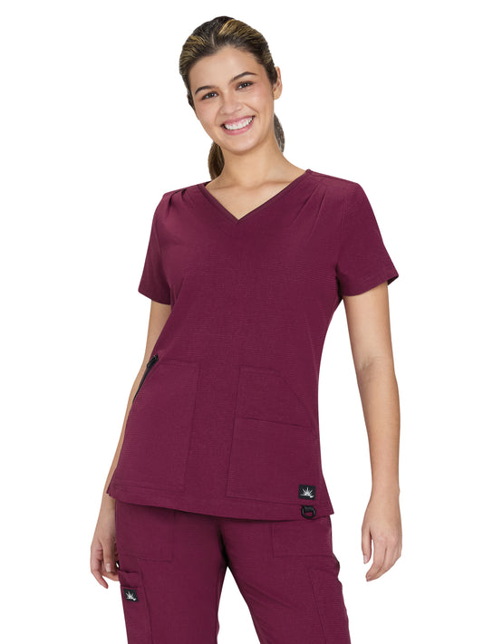 Women's Ribbed 4-Pocket V-Neck Sari Top - 1129 - Wine