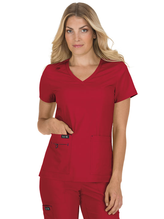 Women's Four-Pocket Stretch V-Neck Becca Top - 373 - Ruby