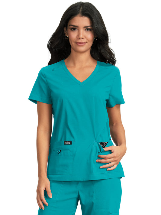 Women's Four-Pocket Stretch V-Neck Becca Top - 373 - Teal