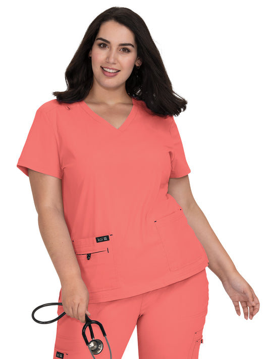 Women's Four-Pocket Stretch V-Neck Becca Top - 373 - Coral