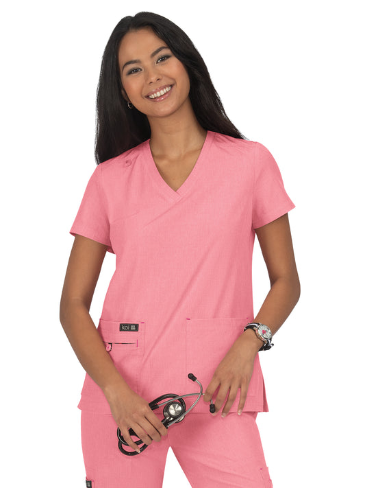 Women's Four-Pocket Stretch V-Neck Becca Top - 373 - Heather Soft Pink