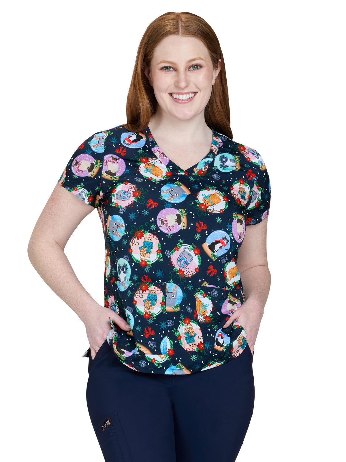 Women's Two-Pocket Print Top - 384PRA - Holiday Cats
